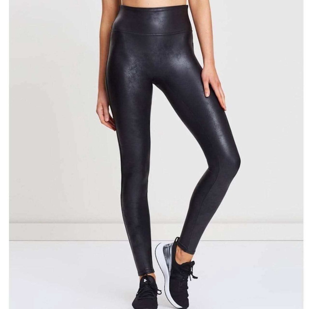 Spanx Faux Leather Leggings Women Large Black High Waisted Shaping Sleek Edgy